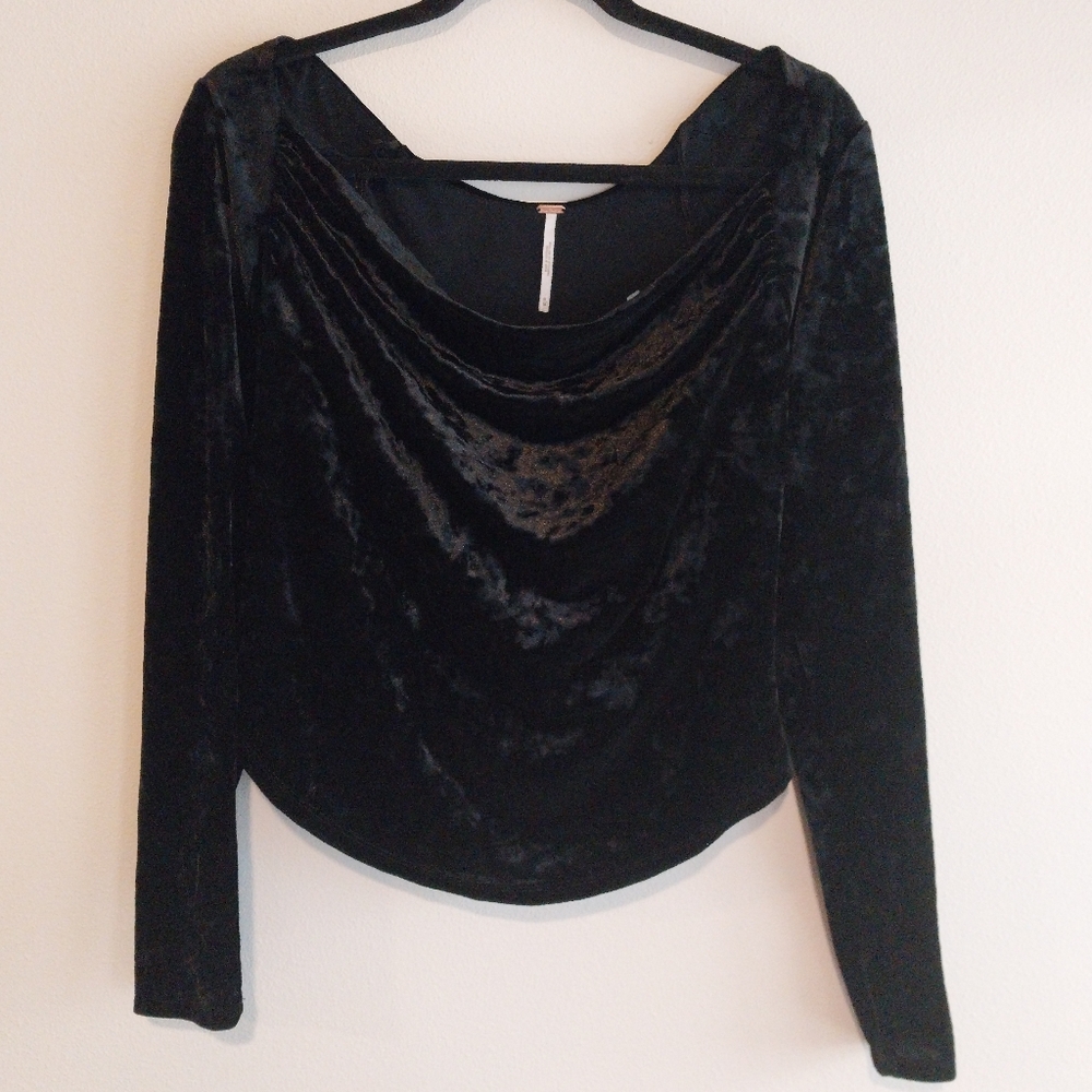 Free People Black Crushed Velvet Ruched Drape Whimsigoth Fairy Drape Neck Top